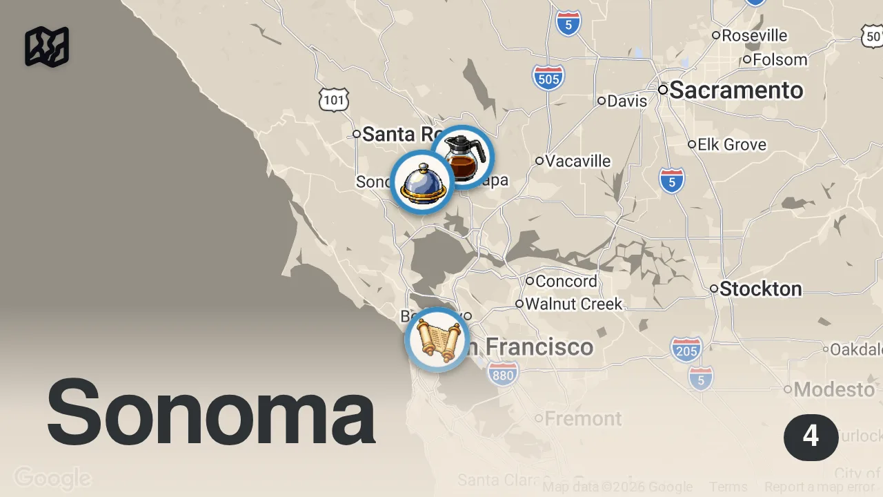 Map of 4 spots from We visit California’s BEST New MICHELIN restaurant, Hottest NEW Bakery and PRIVATE Wine Tour