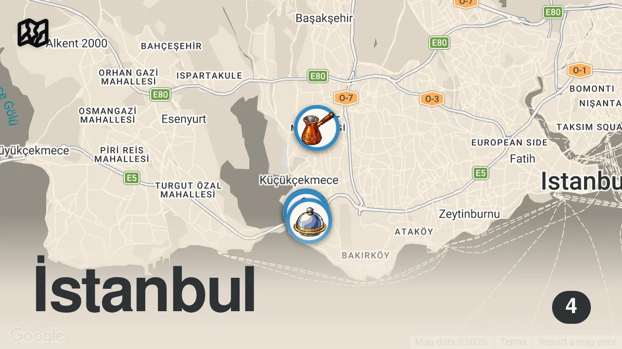 Map of 4 spots from Küçükçekmece Lezzet Rehberi | Döner, İnegöl köfte, kabak tatlısı, orman kebabı - Ayaküstü Lezzetler