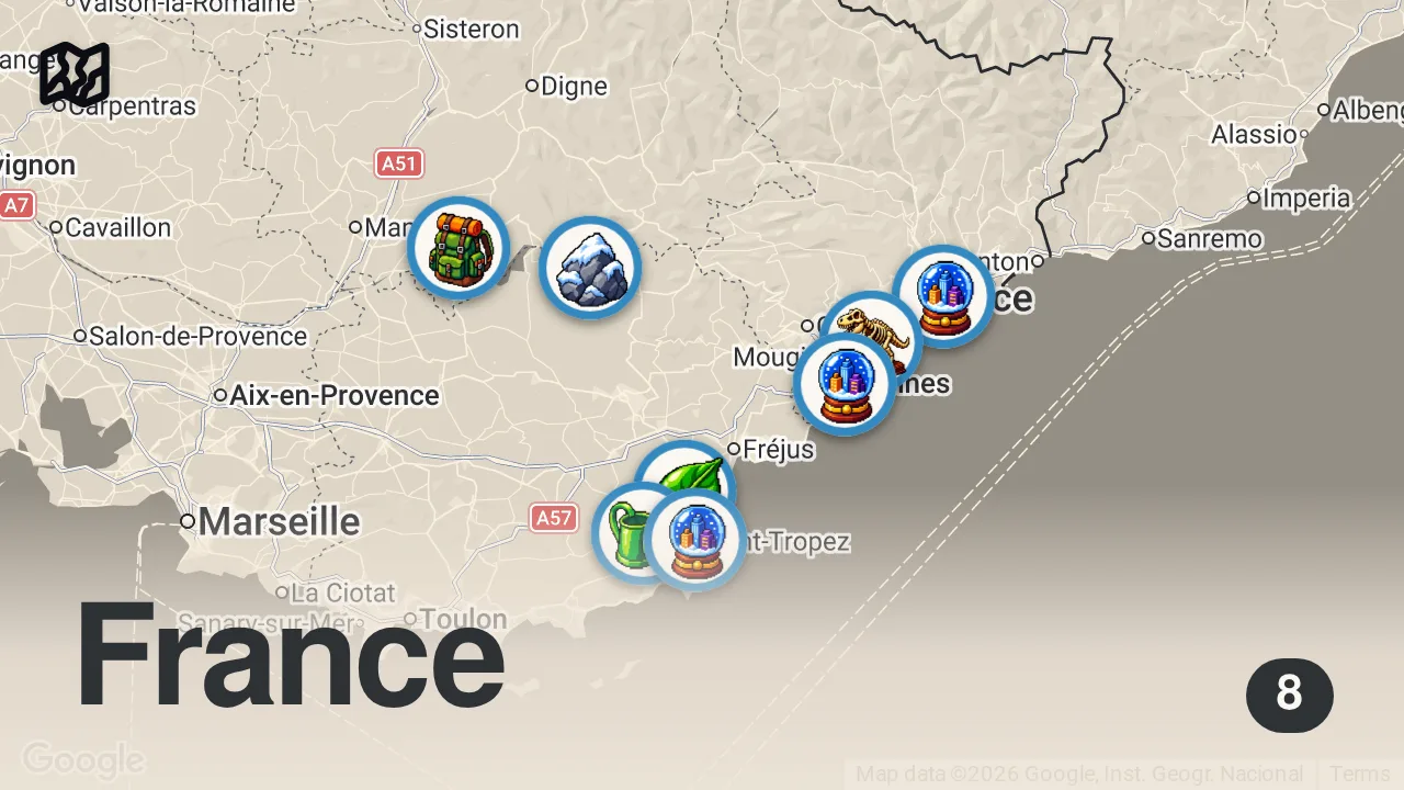 Map of 8 spots from Guide de voyage CÔTE D'AZUR : Explorez les joyaux d'Antibes, Nice, Monaco et bien plus encore !