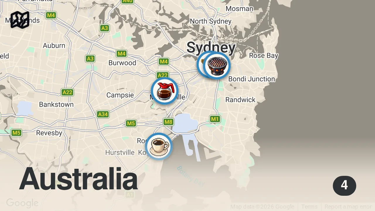 Map of 4 spots from 10 Of The Best Breakfasts In Sydney | Our editor's 2024 picks #Sydney #Breakfast #UrbanList
