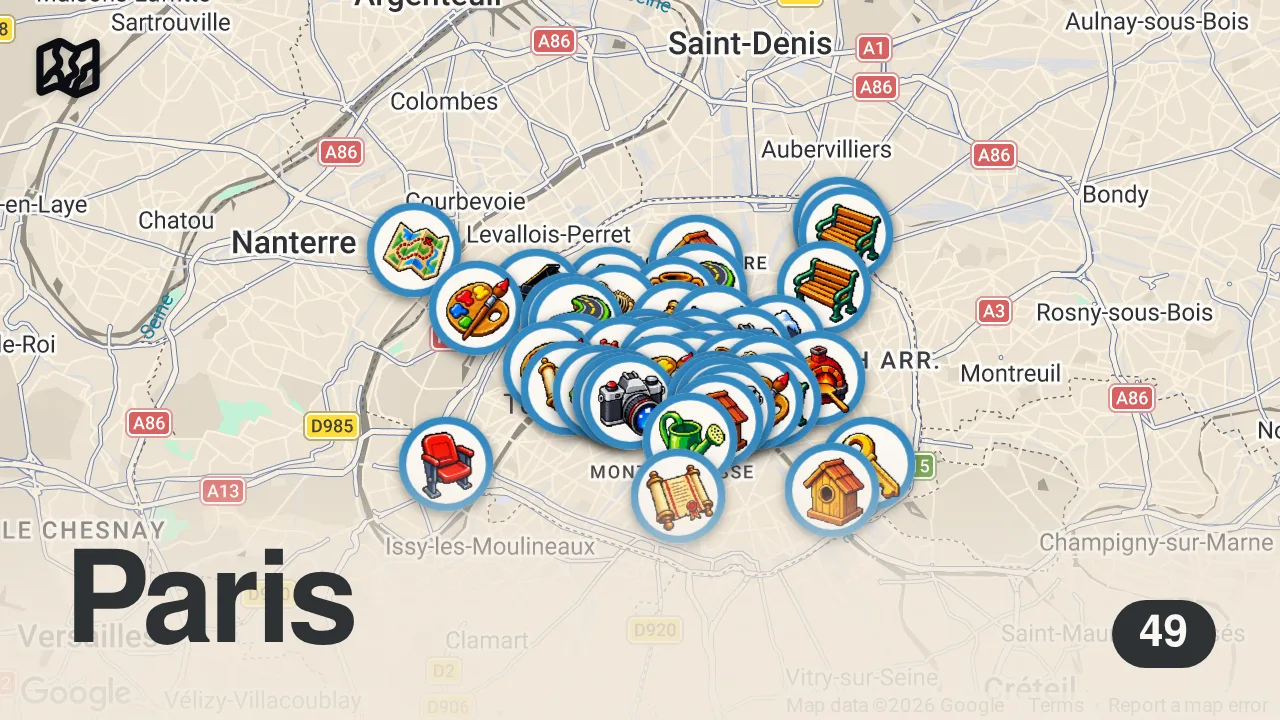 Map of 49 spots from Top 50 - Les Endroits Incontournables à Visiter à Paris (Travel vidéo)