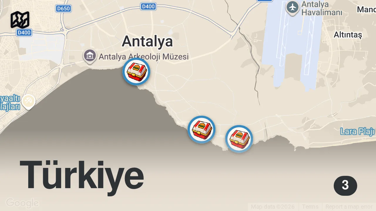 Map of 3 spots from En İyi Burgeri Seçtik 😊 | Antalya’nın Enleri