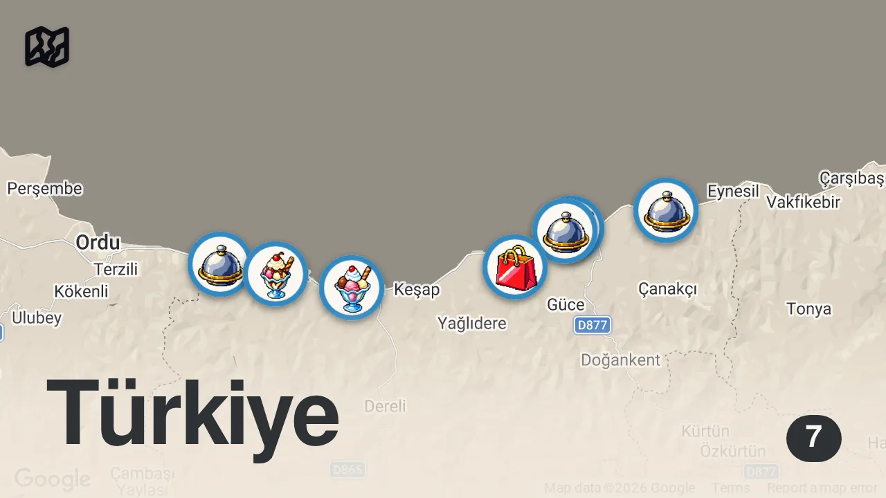 Map of 7 spots from ALMANYADA KAZANDIK TÜRKİYEDE YİYİYORUZ | GİRESUN VLOG