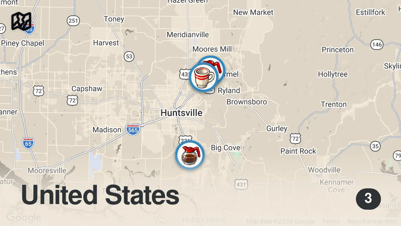 Map of 3 spots from Eating at Fast Food Restaurants I've Never Heard Of... (Huntsville, AL)