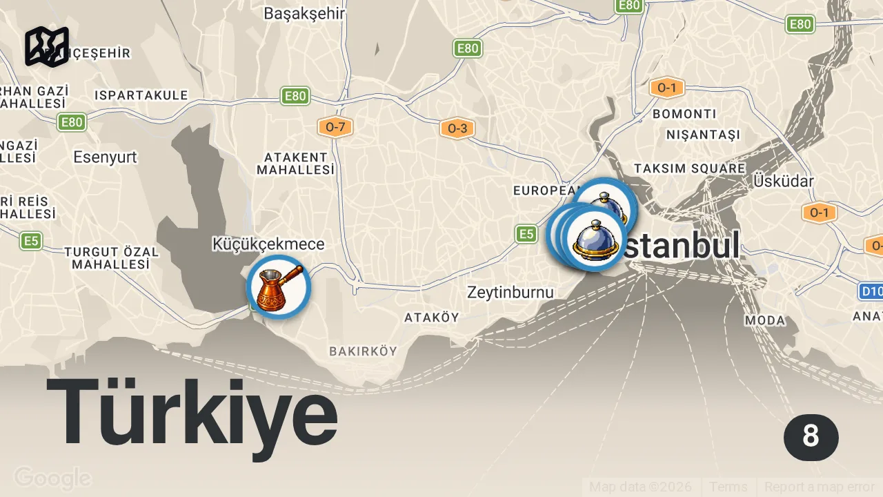 Map of 8 spots from İSTANBUL'UN 20 TL ALTI LEZZETLERİ - Ayaküstü Lezzetler