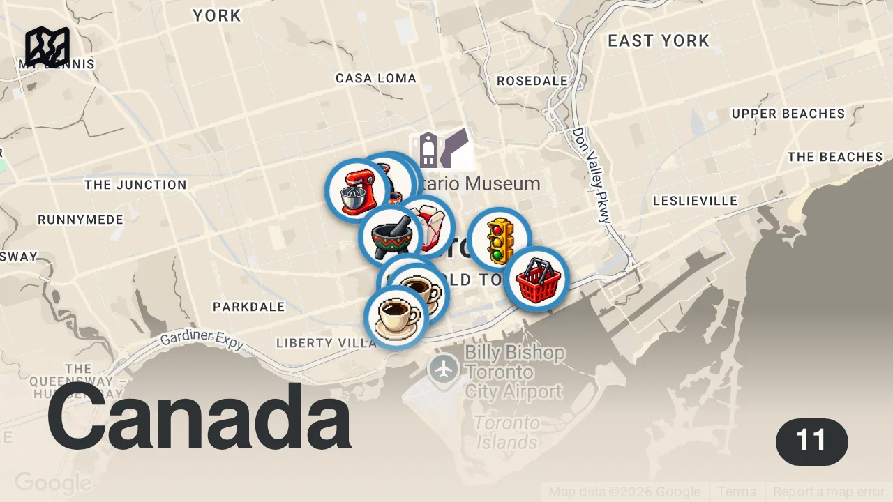 Map of 11 spots from The ULTIMATE Toronto DIY FOOD TOUR - Canada's Most DIVERSE City 🇨🇦