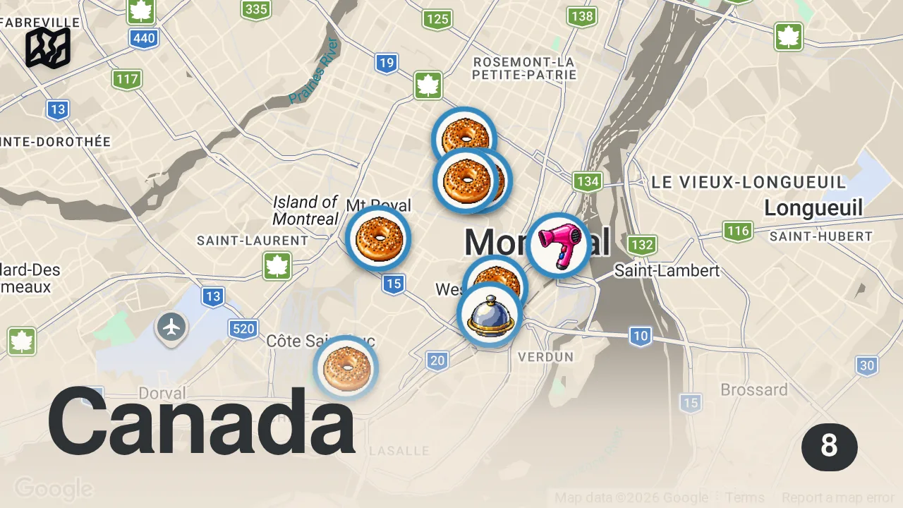 Map of 8 spots from Top 10 Best Bagels in Montreal, Canada