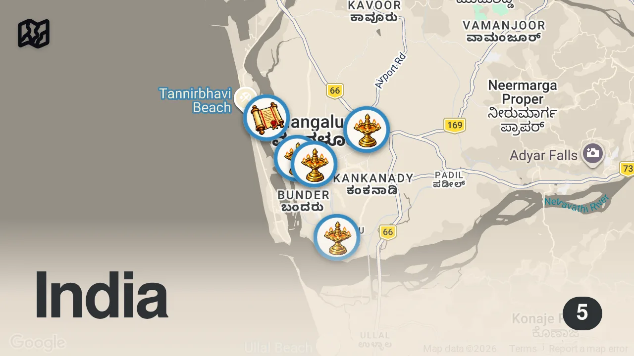 Map of 5 spots from 20 Best Things to do in MANGALURU ~ Best Food, Legendary Temples, Clean Beach, Thali, Church & more
