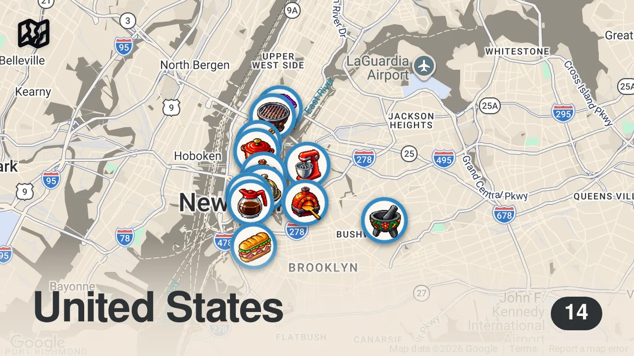 Map of 14 spots from 13 MUST EAT NYC Restaurants! Best New Brunch, Insane Sandwiches! + More Vol. 4 | Jeremy Jacobowitz