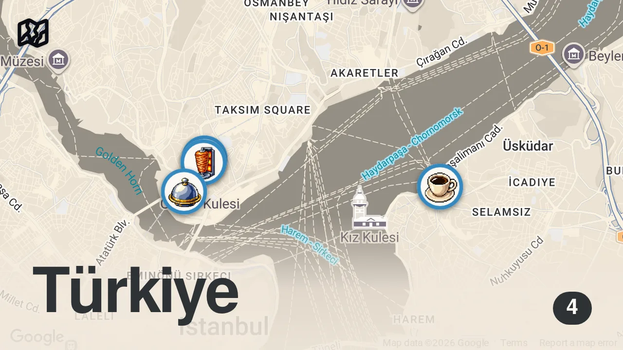 Map of 4 spots from Turkish Food in Istanbul 🇹🇷 | Lahmacun, Dolma & Adana Kebab