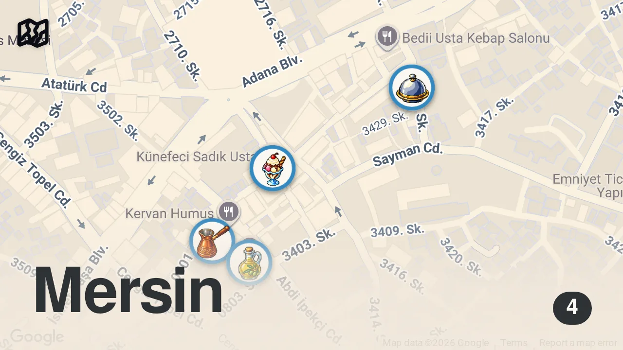 Map of 4 spots from TARSUS’UN GİZLİ TATLARI (Tarsus kebabı, kuşgözü lahmacun, ayran, künefe) - Hesaplar Senden 23