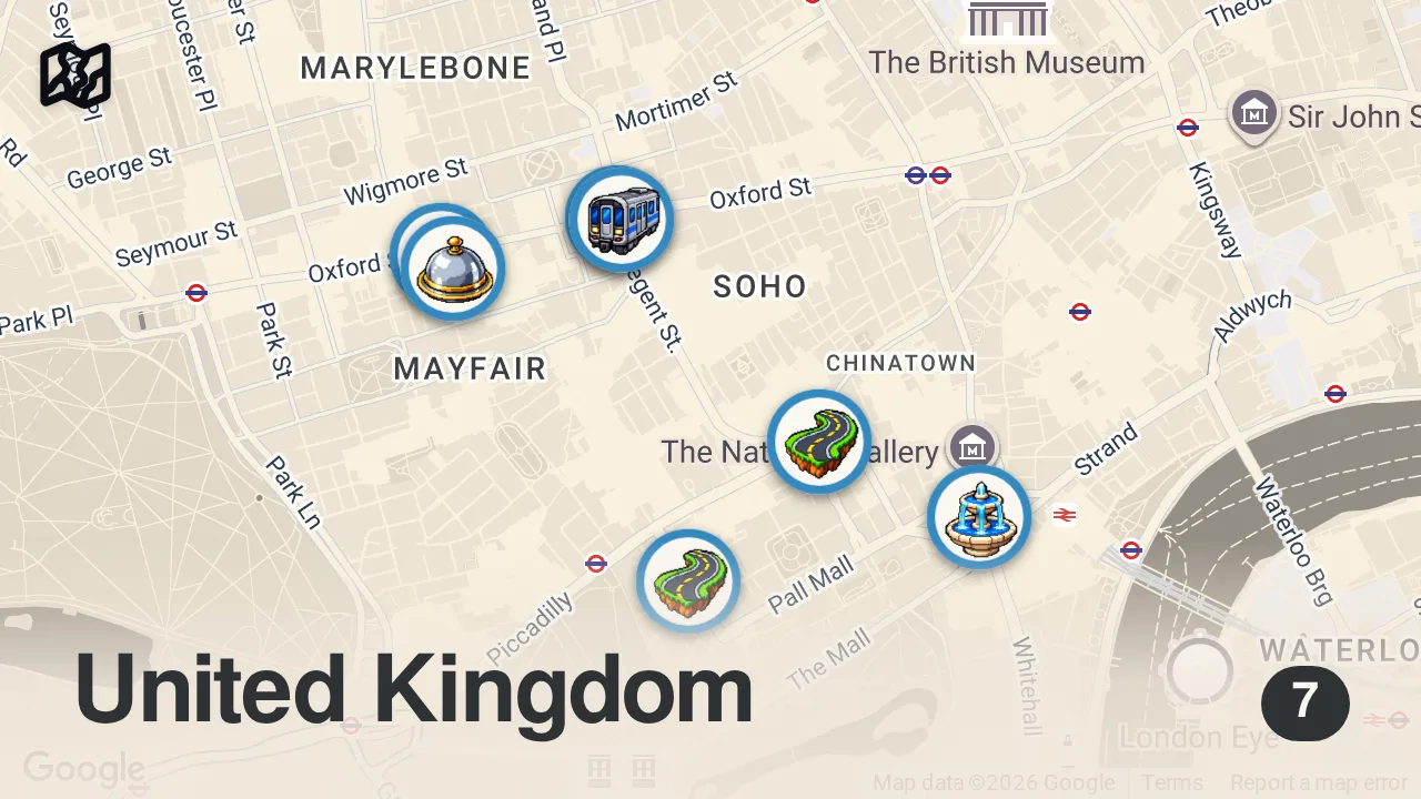 Map of 7 spots from How London Looks During Bank Holiday Weekend 🇬🇧 | London Walk 4K 2026 | Busy Shopping Streets