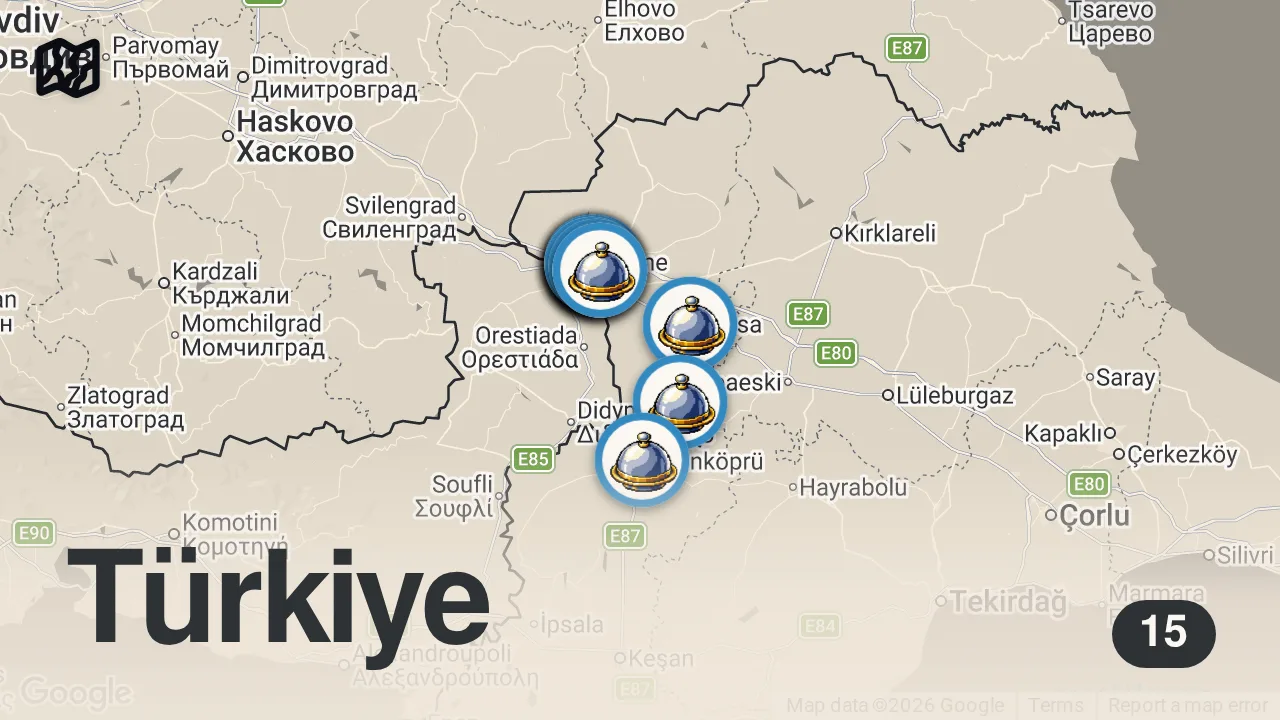 Map of 15 spots from EDİRNE LEZZET REHBERİ (Tava ciğer, badem ezmesi, köfte, ciğer sarma) - Ayaküstü Lezzetler