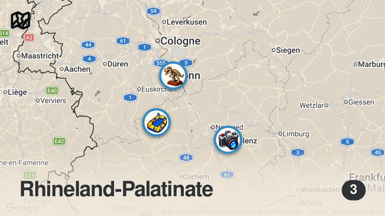 Map of 3 spots from Urlaub am Rhein: Zwischen Bonn und Koblenz bis zur Ahr | ARD Reisen