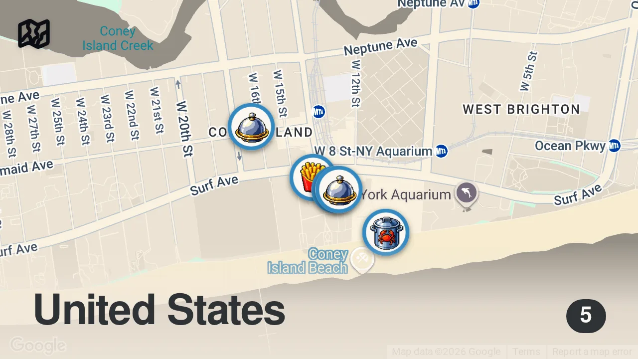 Map of 5 spots from 5 AMAZING Places To Eat in CONEY ISLAND, Brooklyn NYC!