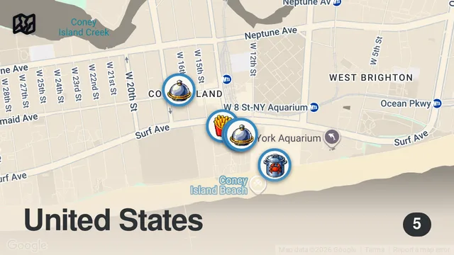 Map of 5 AMAZING Places To Eat in CONEY ISLAND, Brooklyn NYC!