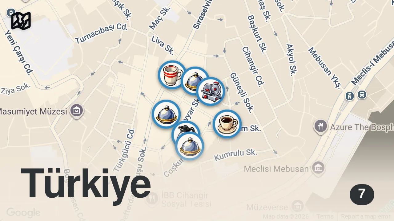 Map of 7 spots from CİHANGİR LEZZETLERİ - (Antalya piyazı, sağlıklı pancake, burger, kokoreç) - Ayaküstü Lezzetler