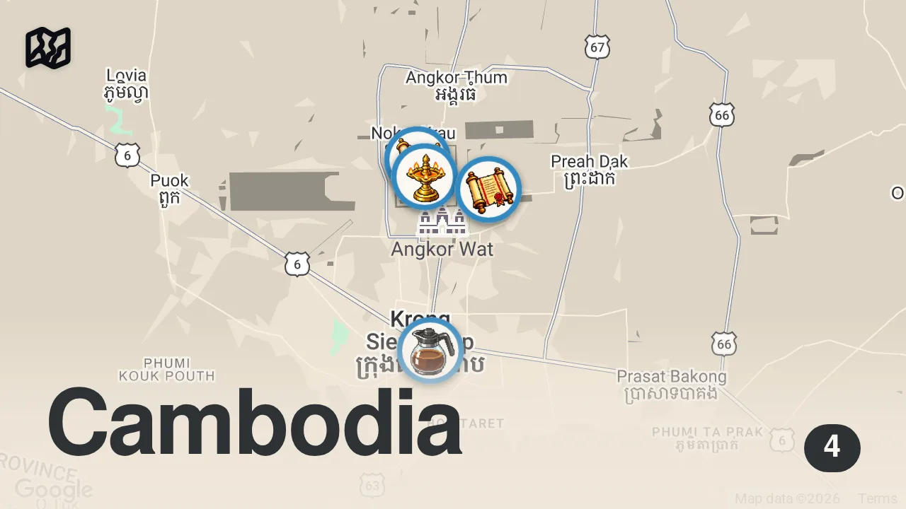 Map of 4 spots from Breathtaking Ancient Khmer History - Bayon Temple, Ta Prohm Temple, Angkor Wat, Cambodia ๐ฐ๐ญ