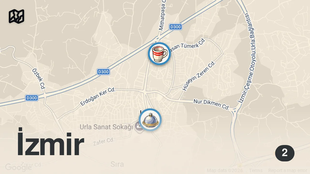 Map of 2 spots from Urla’da Şahsiyeti Olan Kahvaltı ve İyi Bir Esnaf Lokantası | Vedat Milor