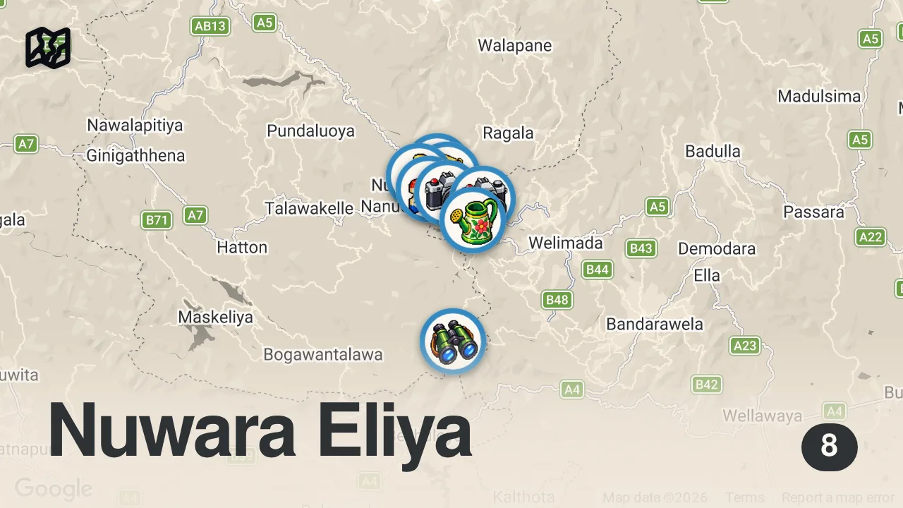 Map of 8 spots from نوراليا سريلانكا | جولة في أجمل 8 وجهات مع تحديثات الأسعار لعام 2026