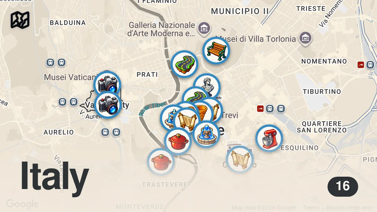 Map of 16 spots from The PERFECT 2 Days in Rome! Best Things to Do & Eat (Travel Guide)