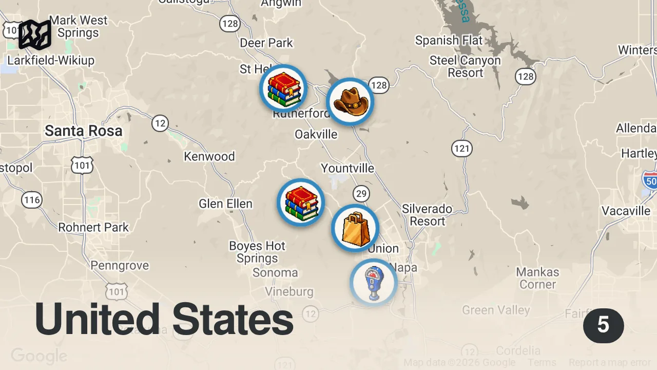 Map of 5 spots from A Som's DREAM WINE TASTING | Napa Valley