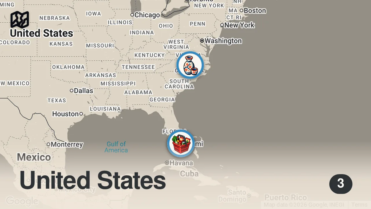 Map of 3 spots from Eating at Mini Marts For 24 Hours...(WEIRD MIAMI STORES)
