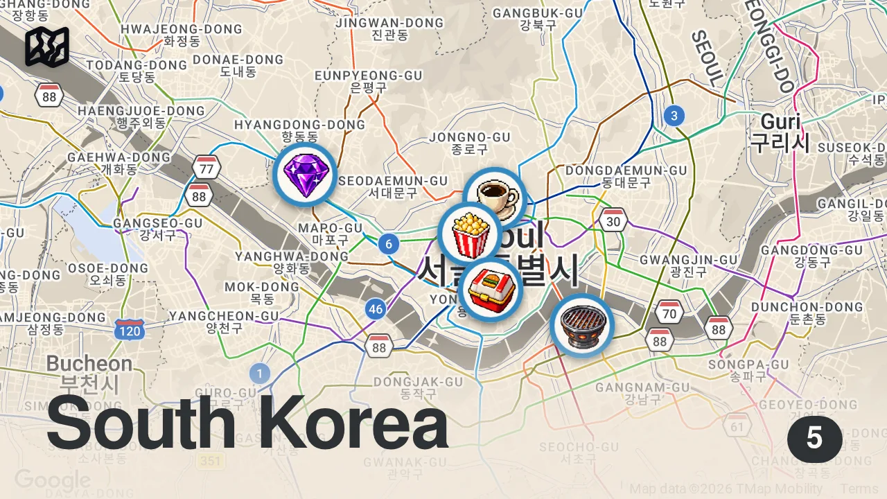 Map of 5 spots from 5 Must Eat Restaurants in Seoul Korea