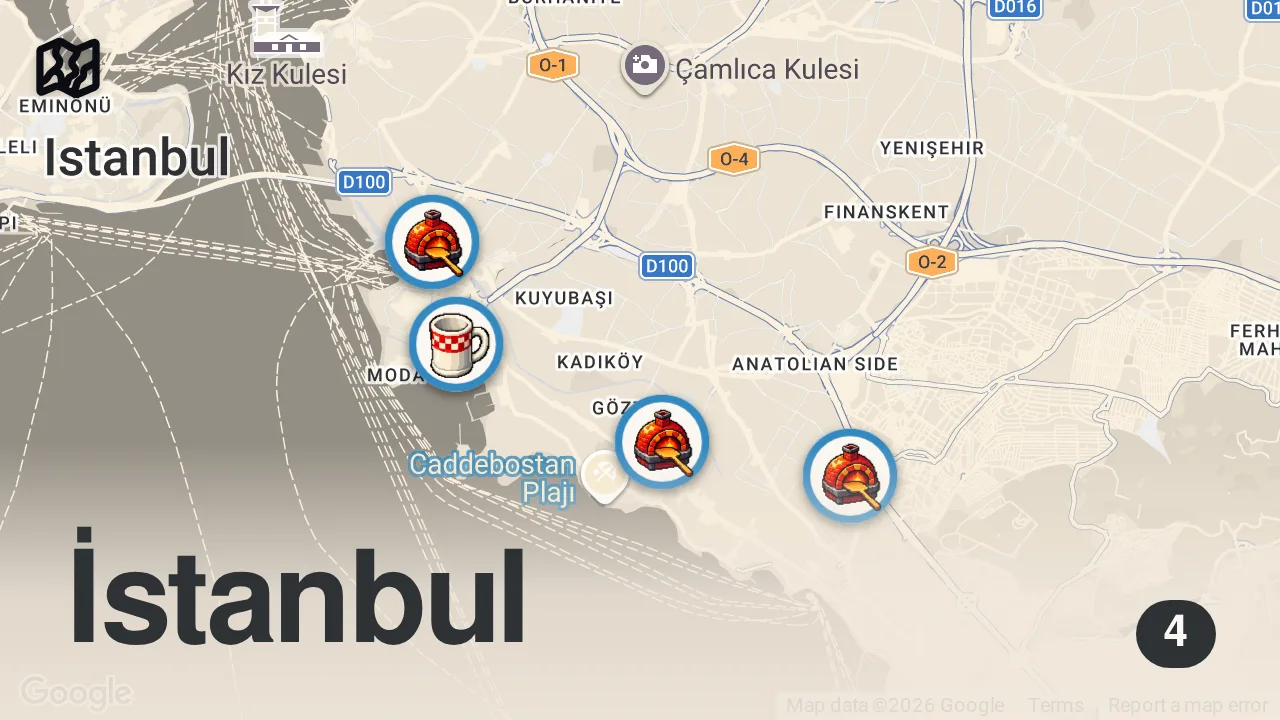 Map of 4 spots from İSTANBUL PİZZA REHBERİ 🍕| Anadolu Yakasından 4 Pizza Durağı - Ayaküstü Lezzetler