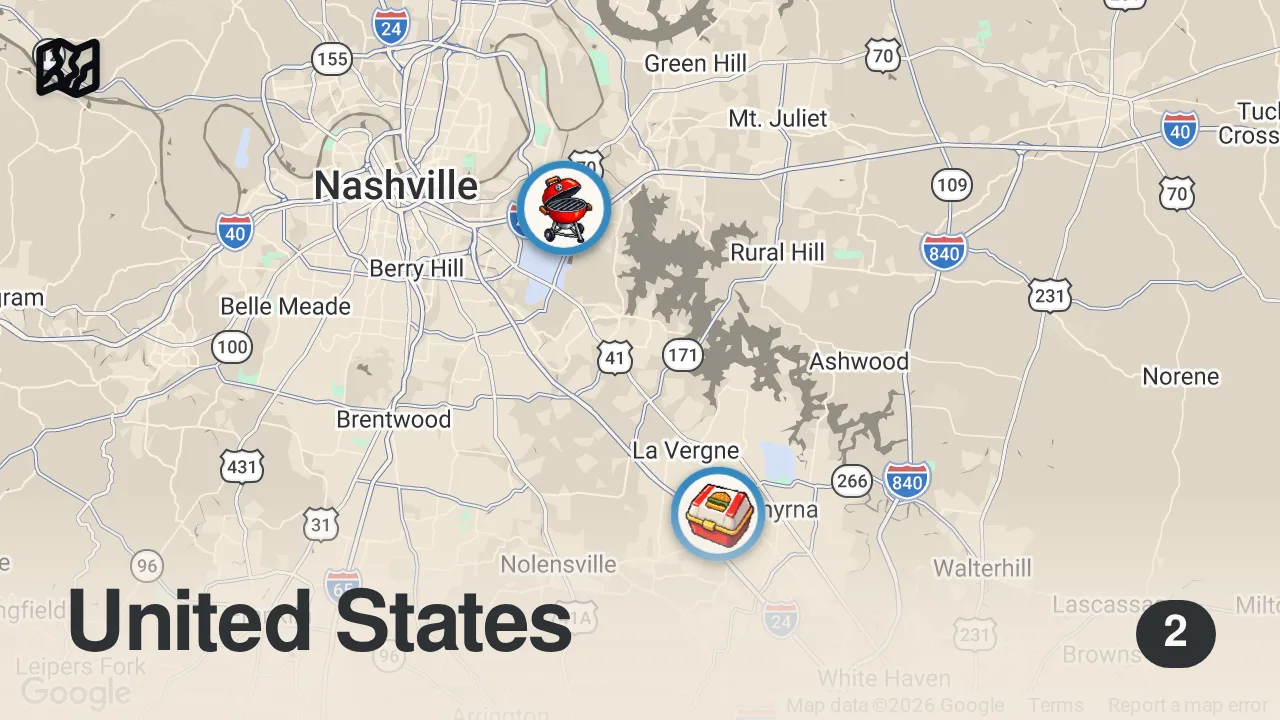 Map of 2 spots from Eating Southern Fast Food Restaurants For 24 Hours...(Part 5)
