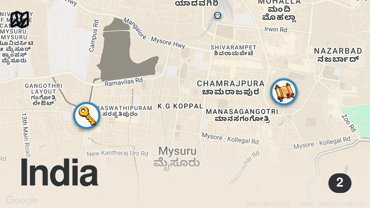 Map of 2 spots from Perfect Day in MYSURU ~ vlog | Chamundeshwari Temple, Mysore Palace, Mylari Dosa & more