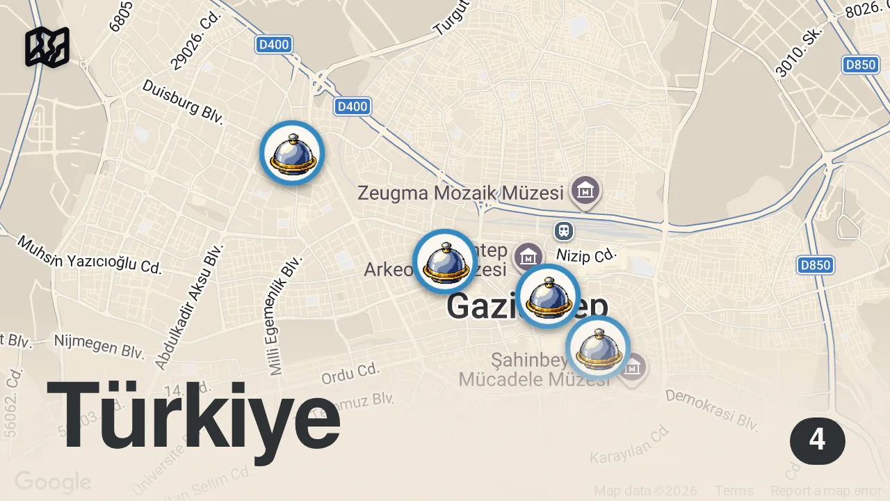 Map of 4 spots from ŞEHRİNİ GEZDİR I Gaziantep - Beyran, Kebap, Lahmacun, Ciğer, Ali Nazik