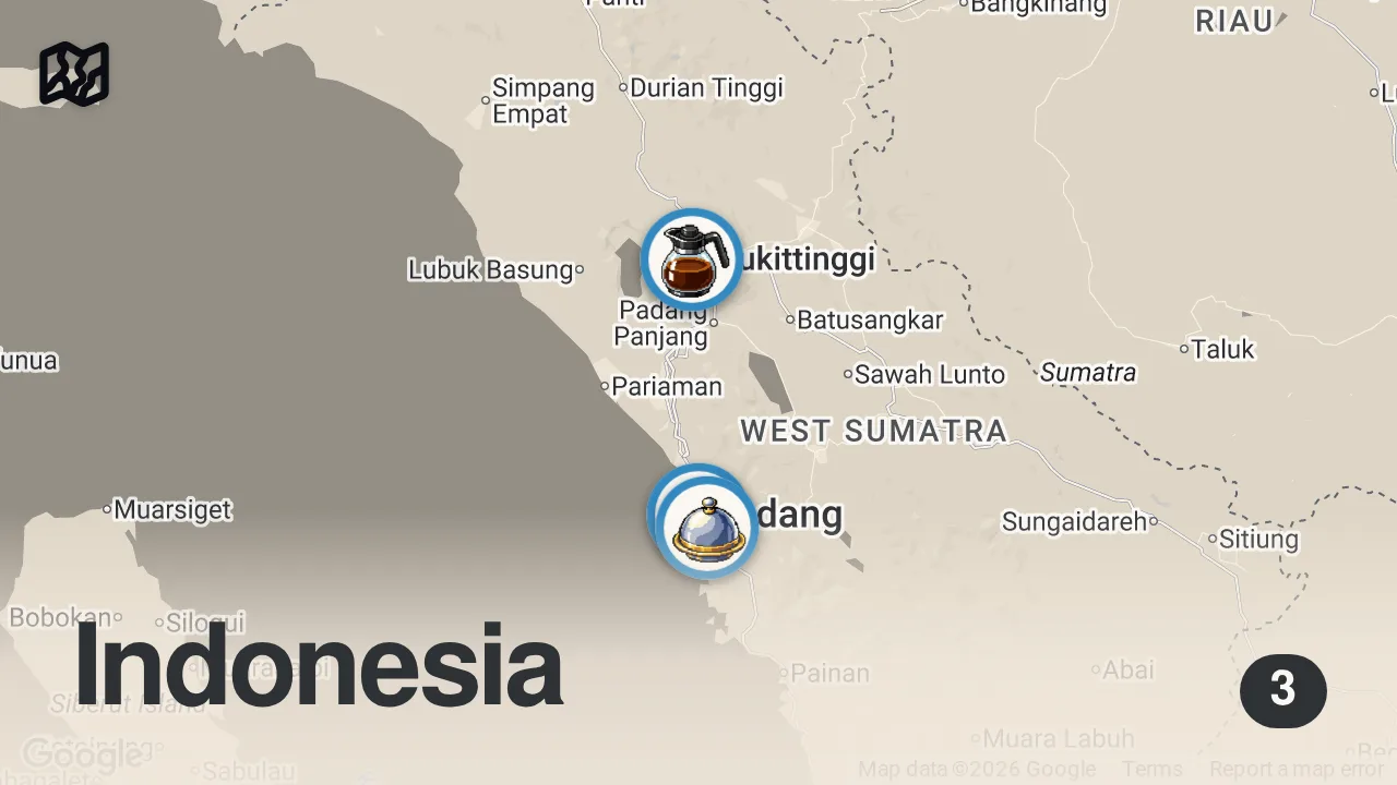 Map of 3 spots from 40+ Indonesian Street Foods in West Sumatra 🇮🇩 #1 RENDANG + MINANG Village Market + PADANG Seafood