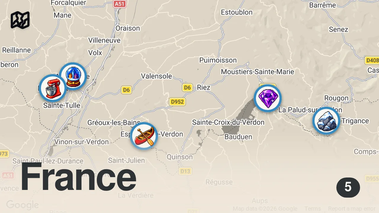 Map of 5 spots from France's Best Kept Secret: Gorges du Verdon 🇫🇷