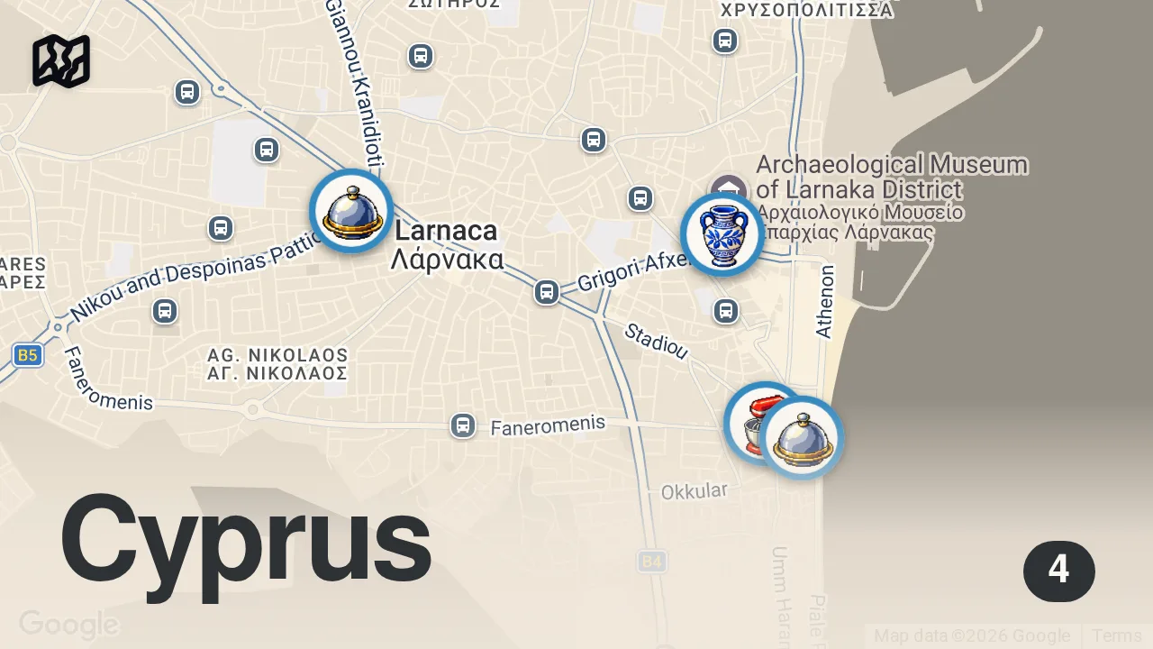 Map of 4 spots from The BEST LAMB in Cyprus 🇨🇾 | Incredible Meze & Souvlaki in Larnaca