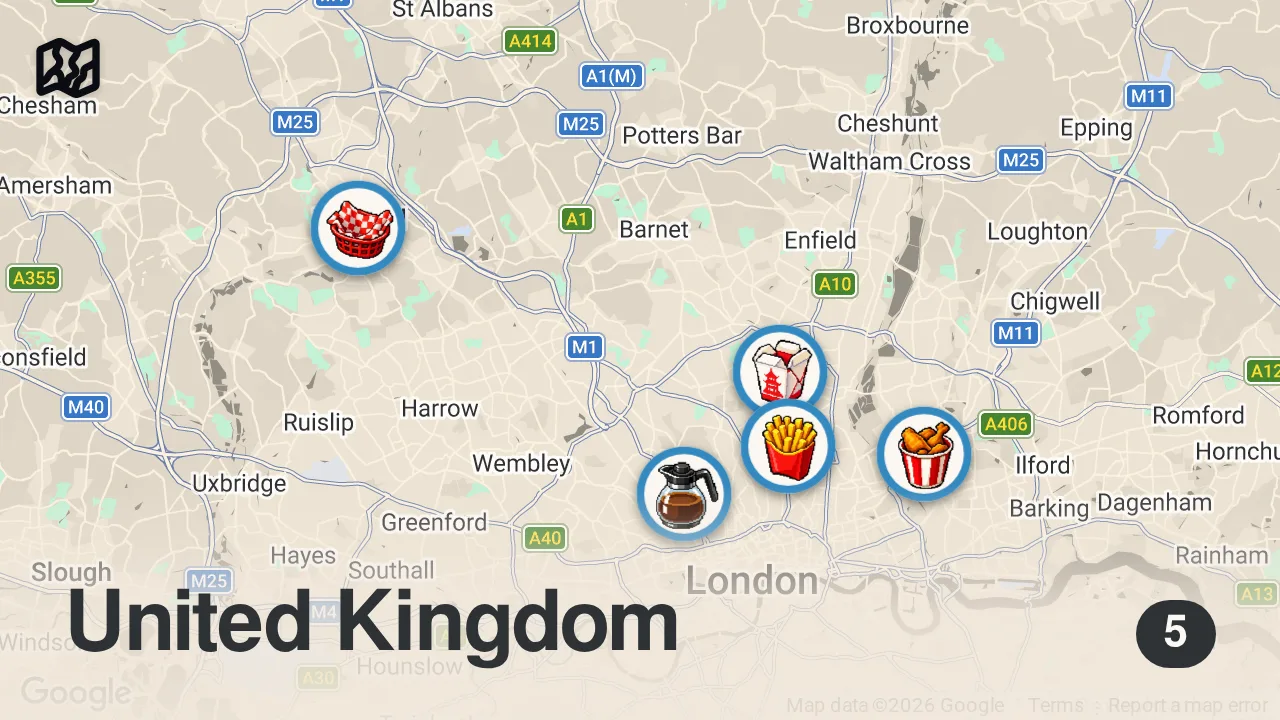 Map of 5 spots from I Tried Fake Fast-Food Restaurants