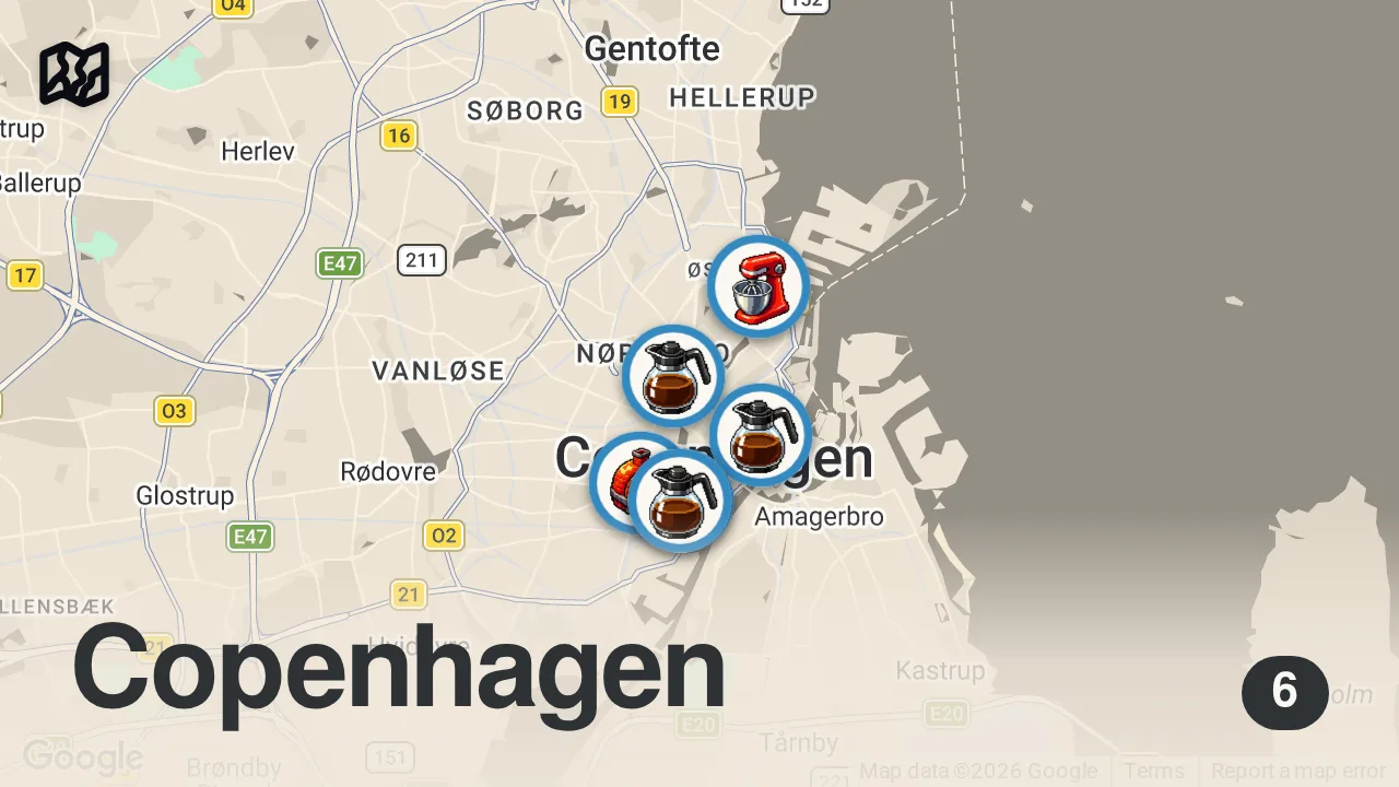 Map of 6 spots from I travelled to Copenhagen just for the pasties and here’s what I found… | 4 Copenhagen Bakeries