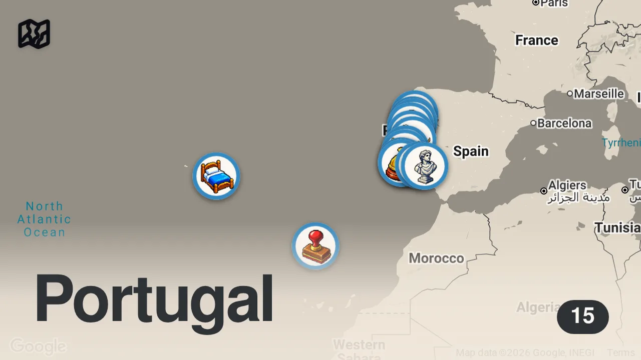 Map of 15 spots from Les 17 plus beaux endroits à visiter au Portugal 🇵🇹 | Océan, villes & paysages sauvages