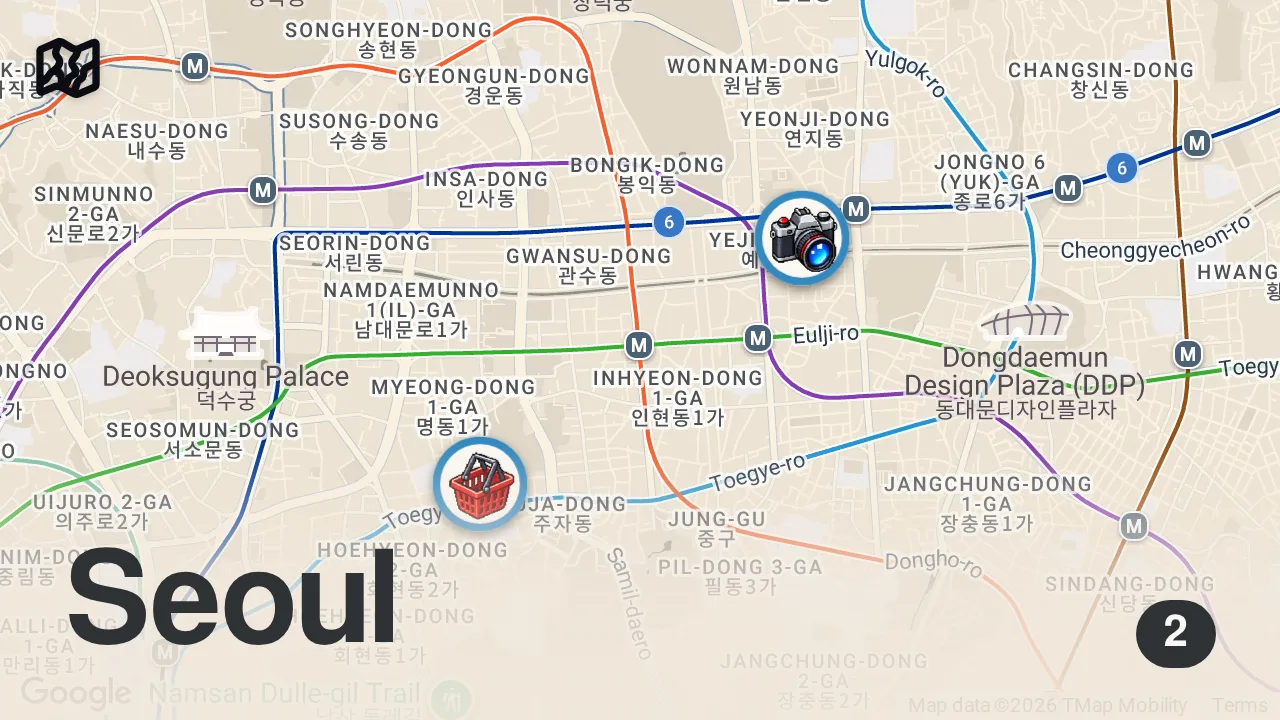 Map of 2 spots from $15 Street Food Challenge in KOREA! 🇰🇷🤯