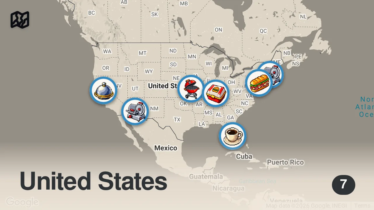 Map of 7 spots from Top 10 TOUGHEST Food Challenges | Man v. Food | Travel Channel