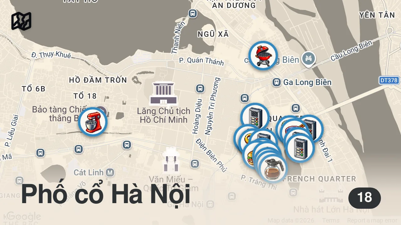 Map of 18 spots from Vietnam's BEST STREET FOOD in Hanoi (during Tết)