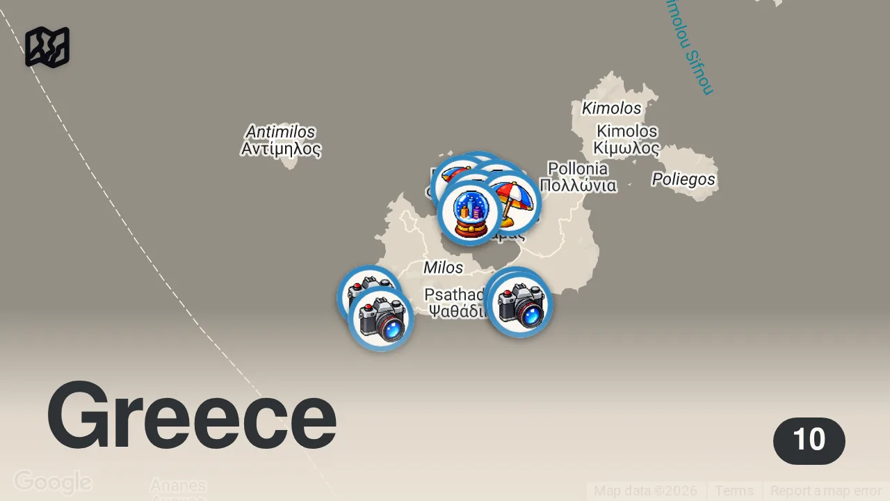 Map of 10 spots from Top 10 Places To Visit in Milos - Greece Travel Guide