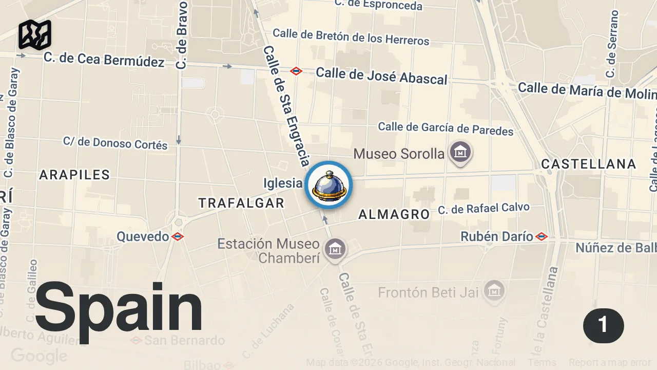 Map of 1 spot from Madrid'in sayılı steakhouse'larından birinde, 19 ay kuru dinlendirilmiş özel bir sığır eti yiyoruz.