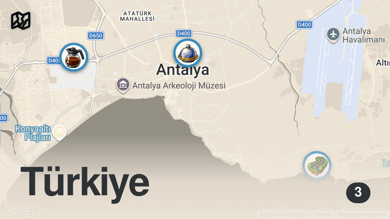 Map of 3 spots from ANTALYA GECE LEZZETLERİ! @ayhanmortepe