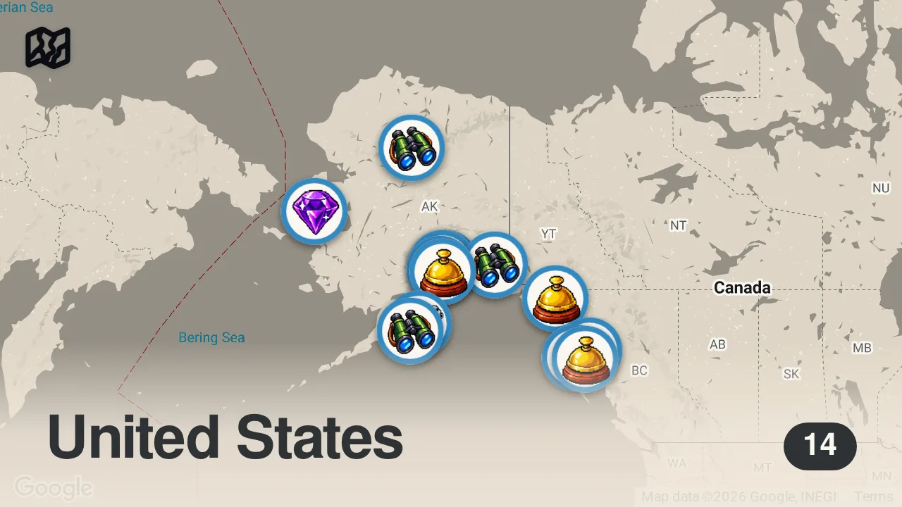 Map of 14 spots from Terrifying Cryptids from Season 2 | The Alaska Triangle | Travel Channel