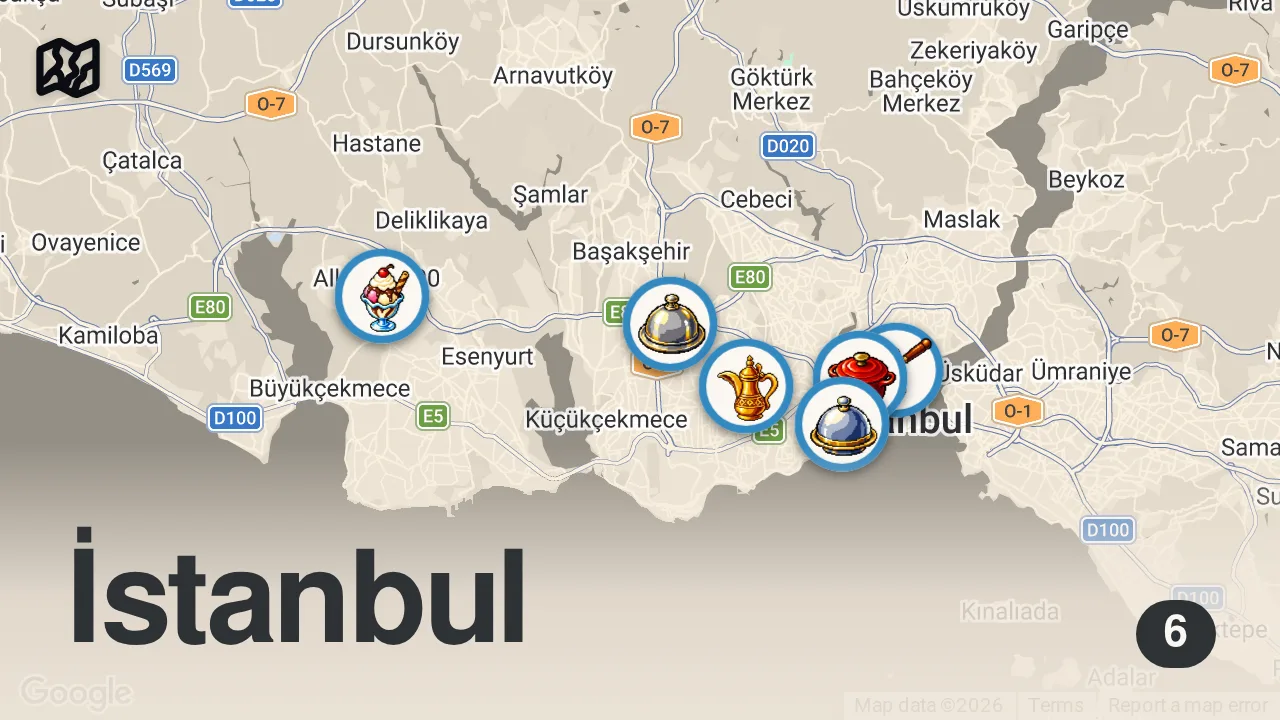 Map of 6 spots from 31 LİRALIK LAHMACUN VS 11 LİRALIK LAHMACUN | LAHMACUN KIYASLAMA