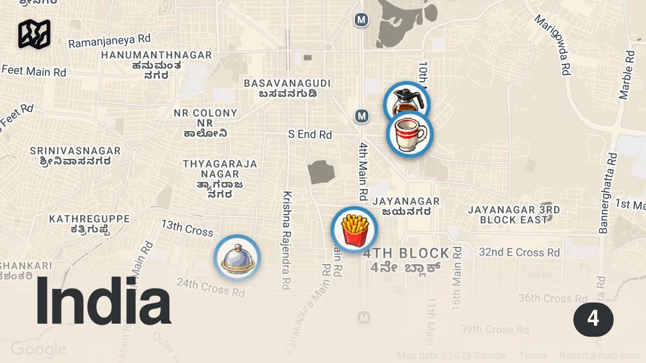 Map of 4 spots from $1 Indian Street Food - CHEAPEST and Best Food in Bengaluru, India!!