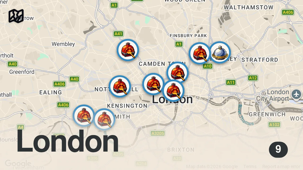 Map of 9 spots from Finding the Best Pizza in London