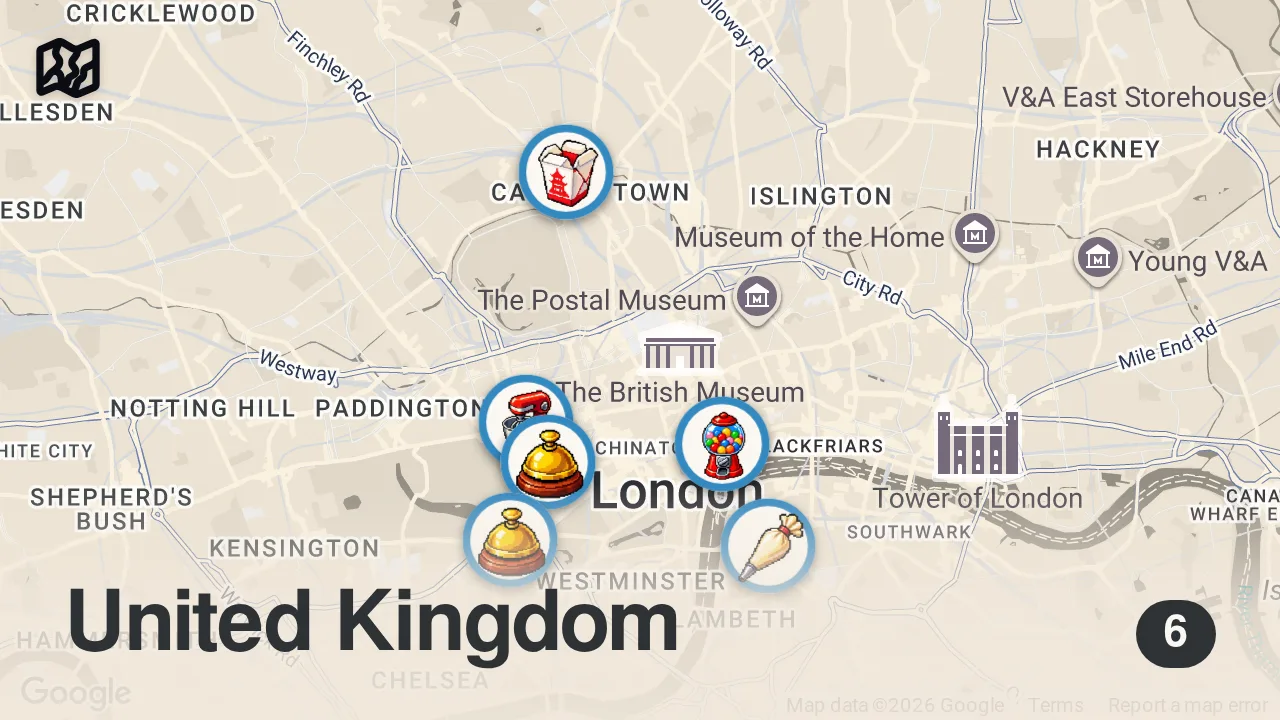 Map of 6 spots from I tried the most RIDICULOUS desserts in the UK (WHAT THE HECK)