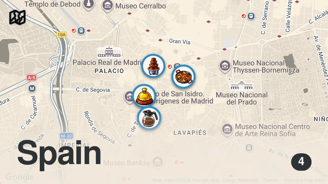 Map of 4 spots from Spanish Food Tour - ULTIMATE FOOD TOUR in Madrid!! Best Restaurants + Tapas in Spain!!